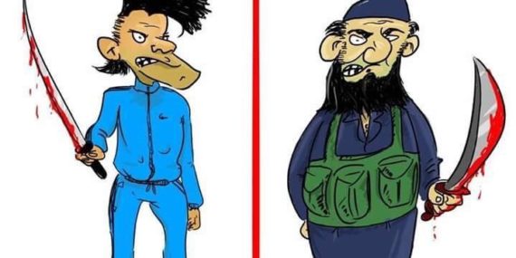 Karikatyyri Marokon versus Syyrian Isis taistelijoista