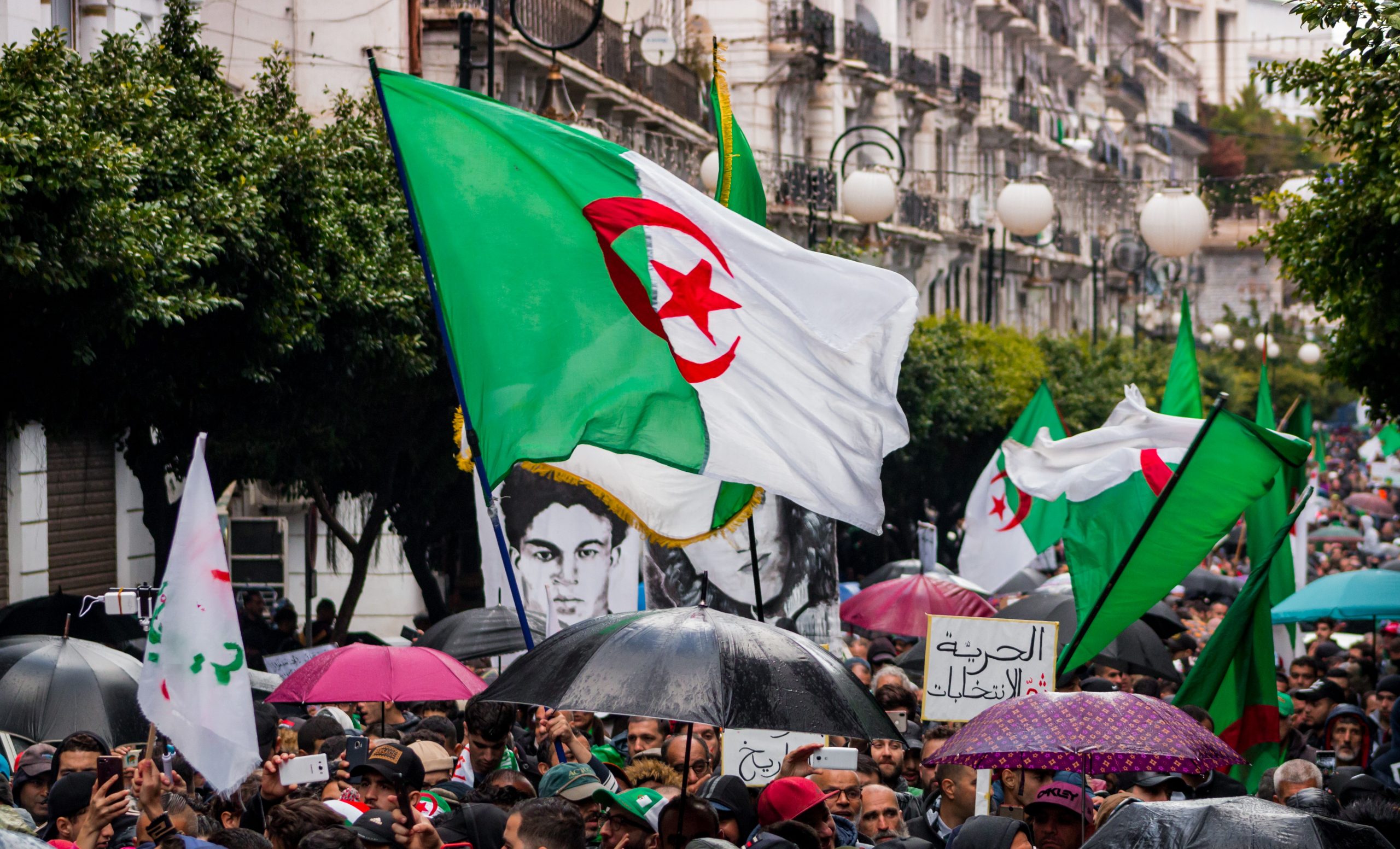 Valtava joukko ihmisiä on kokoontunut kadulle osoittamaan mieltään. He kantavat Algerian lippuja ja sateenvarjoja.